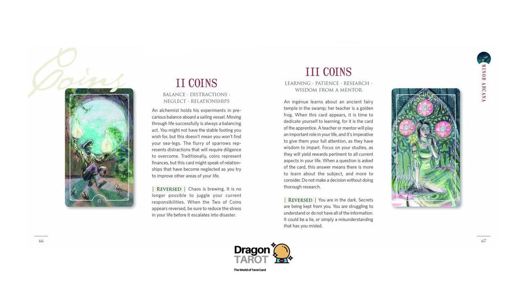 A printed informational page for Dragon Tarot featuring two illustrated card back designs labeled II Coins and III Coins with explanatory text columns, plus the Dragon Tarot logo at the bottom.
