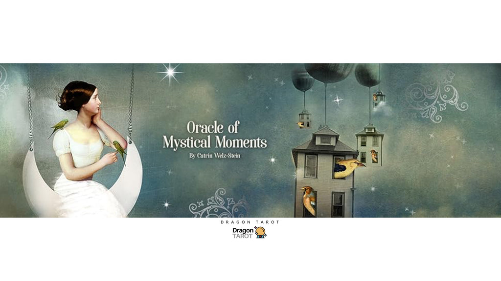 A fantasy-style banner or cover art for 'Oracle of Mystical Moments' by Carrie Vale-Osram, featuring a woman in a white dress seated in a crescent moon swing, floating lanterns, a small house, and stars against a teal-blue textured background. The Dragon Tarot logo appears at the bottom.