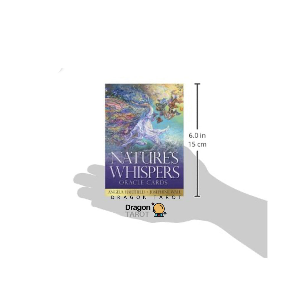 A size comparison graphic showing the Dragon Tarot 'Natures Whispers' deck in a human hand, with a vertical measurement marker indicating 6.0 in (15 cm).