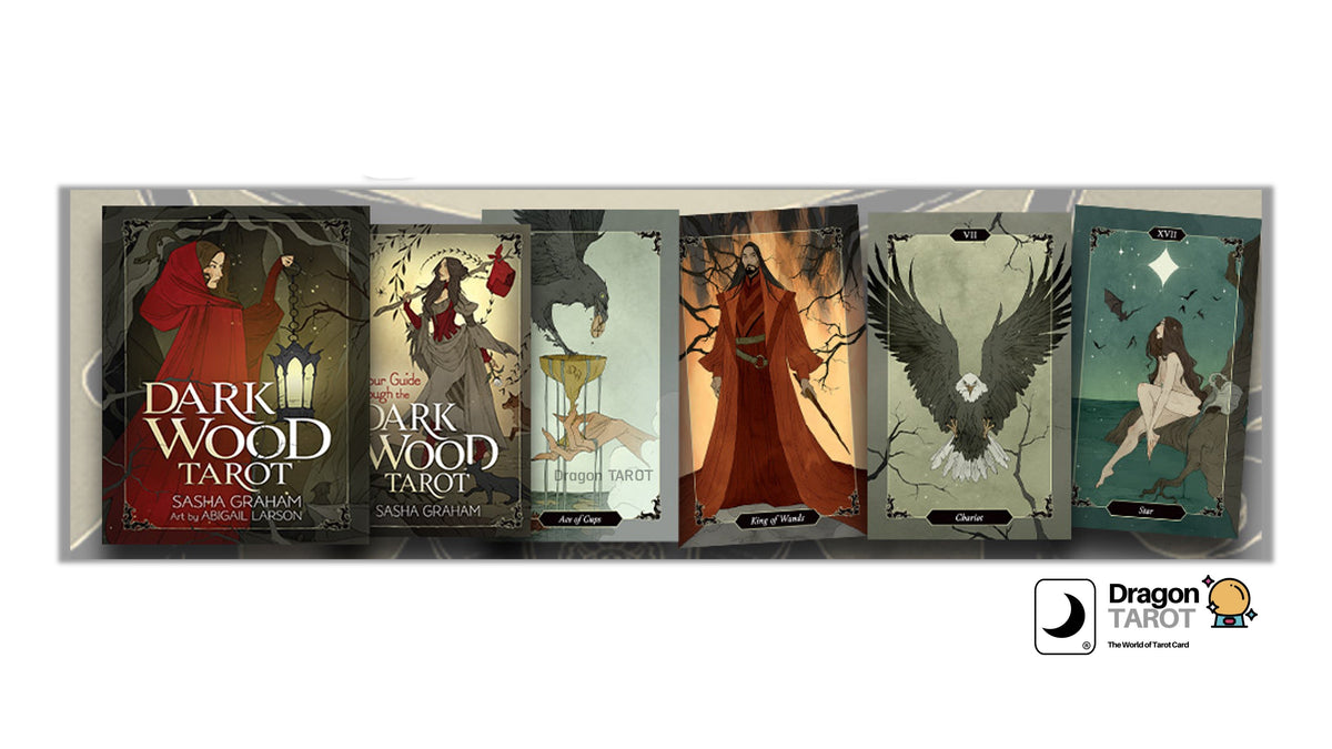A set of five Dragon Tarot cards displayed side-by-side on a white background with promotional text and logos. The cards feature dark, gothic illustrations including a red-robed figure, a wolf, a cloaked figure, a bird, and a woman under a full moon.