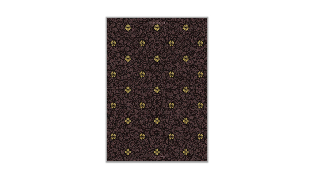A rectangular area rug with a dark brown and black damask pattern accented by small yellow floral motifs, shown against a plain white background.