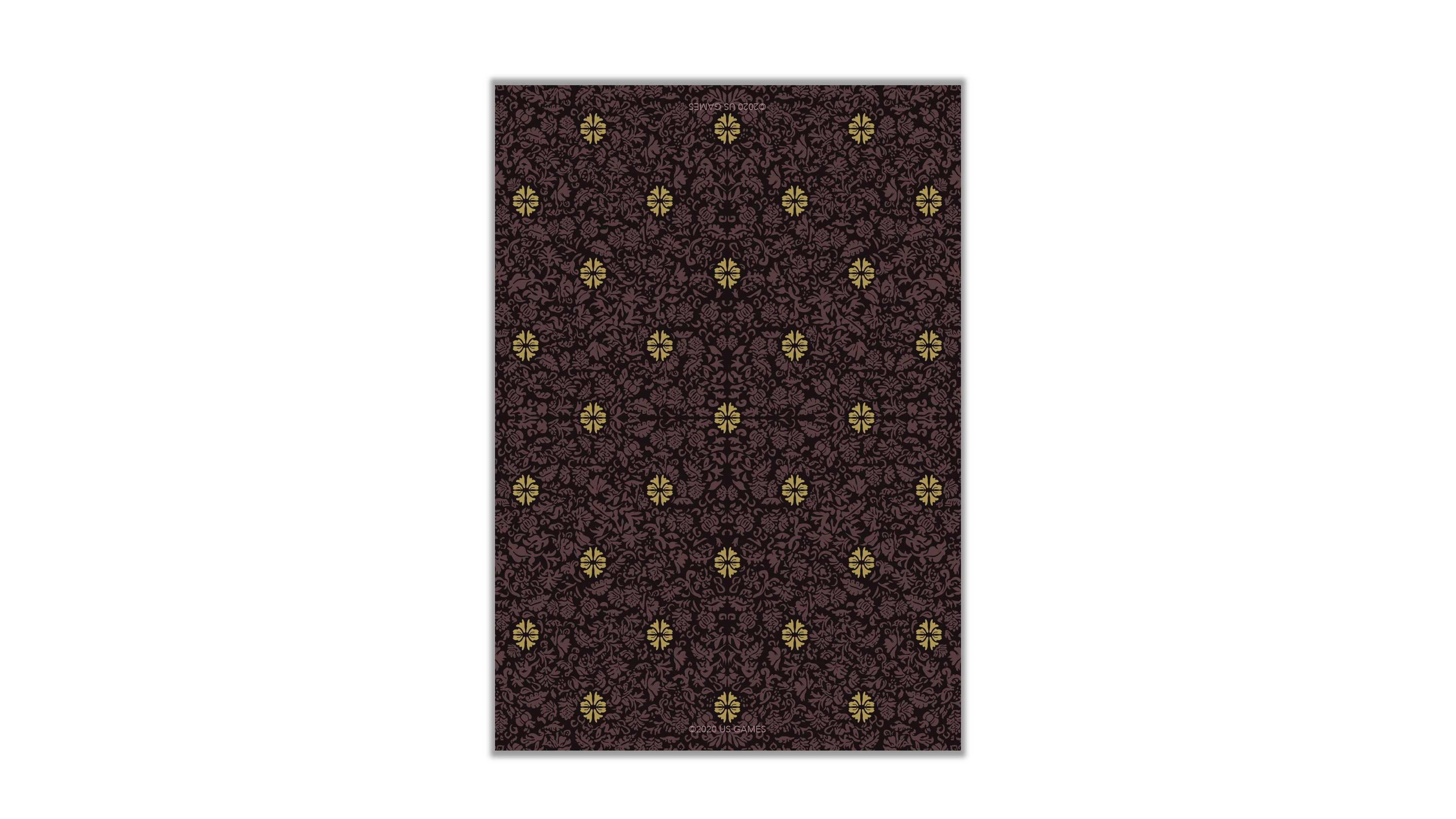 A rectangular area rug with a dark brown and black damask pattern accented by small yellow floral motifs, shown against a plain white background.