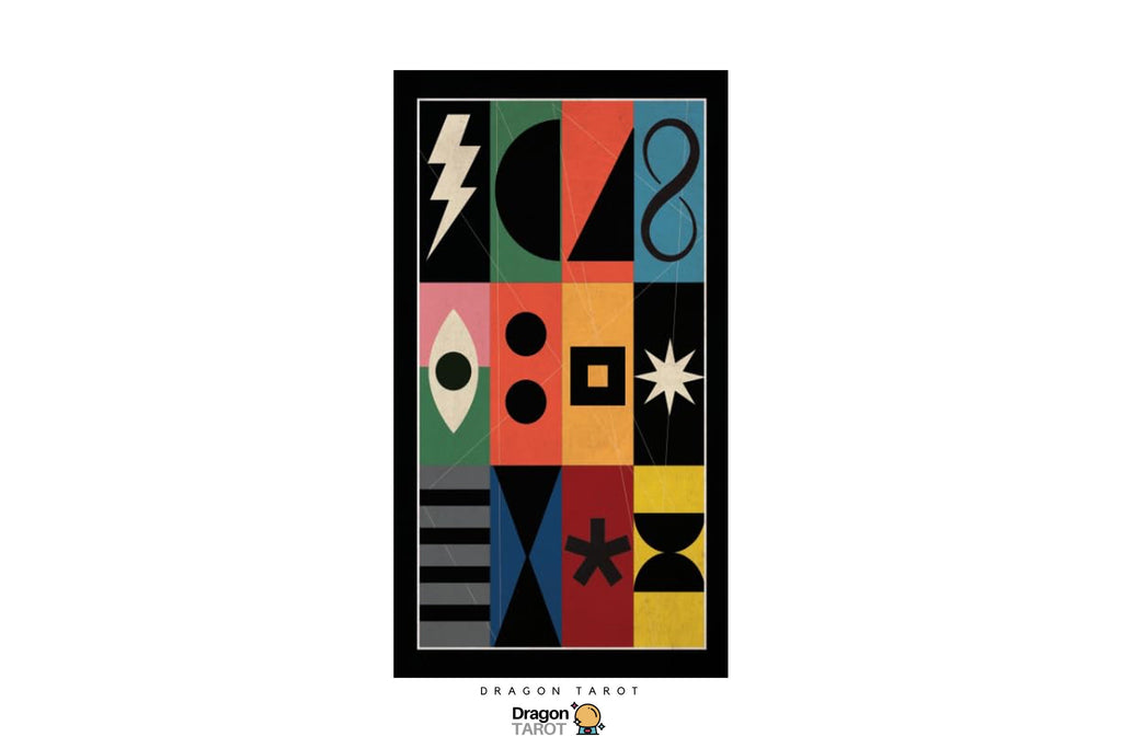 A framed abstract art print featuring a 3x3 grid of colorful geometric symbols and shapes, including lightning bolts, crescents, stars, and stripes, with the text 'DRAGON TAROT' and a small dragon logo below the frame.