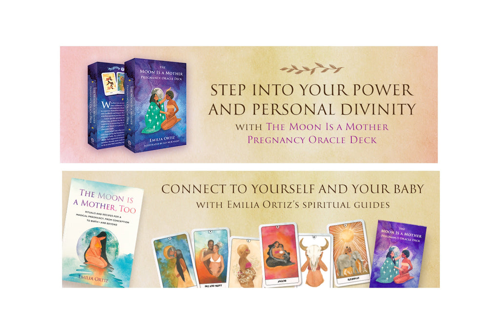 Promotional banner for 'The Moon Is A Mother' Pregnancy Oracle Deck and Emilia Ortiz's spiritual guides, featuring product boxes, oracle cards, and tarot cards on a beige and pink background.