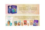 Promotional banner for 'The Moon Is A Mother' Pregnancy Oracle Deck and Emilia Ortiz's spiritual guides, featuring product boxes, oracle cards, and tarot cards on a beige and pink background.