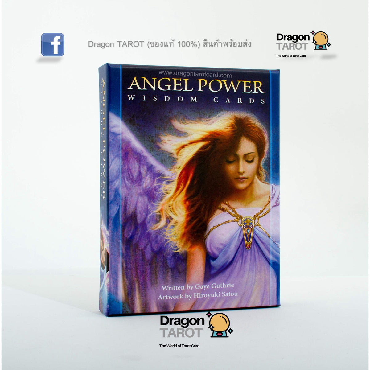 Dragon Tarot 'Angel Power' Wisdom Cards deck box shown on a light gray background with brand logos and Thai text above and below.