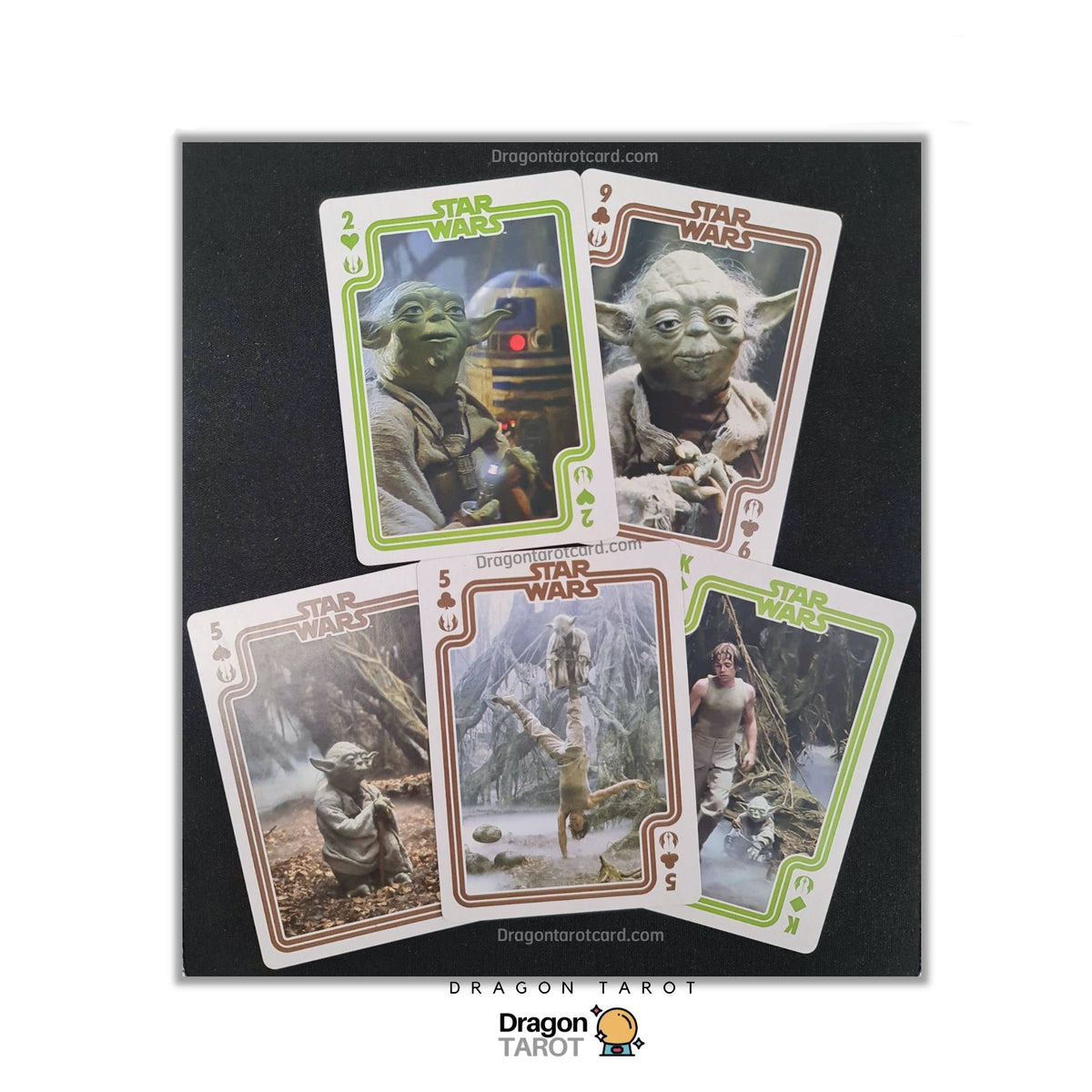 Five Star Wars trading card back designs arranged on a black background, with Dragon Tarot branding and a Facebook header visible.