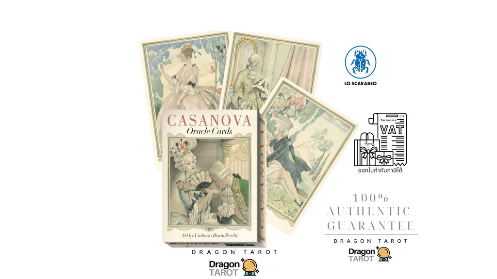 Dragon Tarot Oracle Cards 'Casanova' deck displayed with several illustrated tarot cards fanned out behind the box. The image includes social media and brand logos, a '100% Authentic Guarantee' badge, and a 'Lo Scarabio' logo on a plain white background.