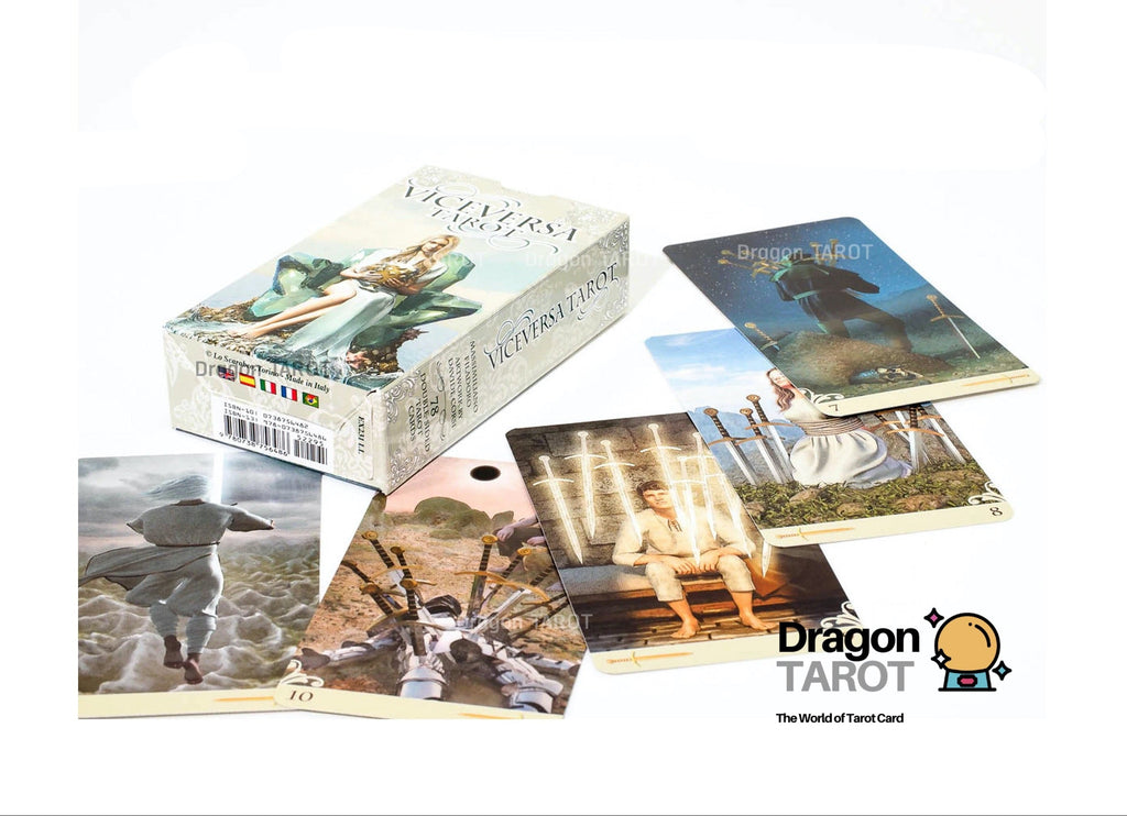 Dragon Tarot card deck box and several illustrated cards arranged on a white background, with Dragon Tarot branding visible.