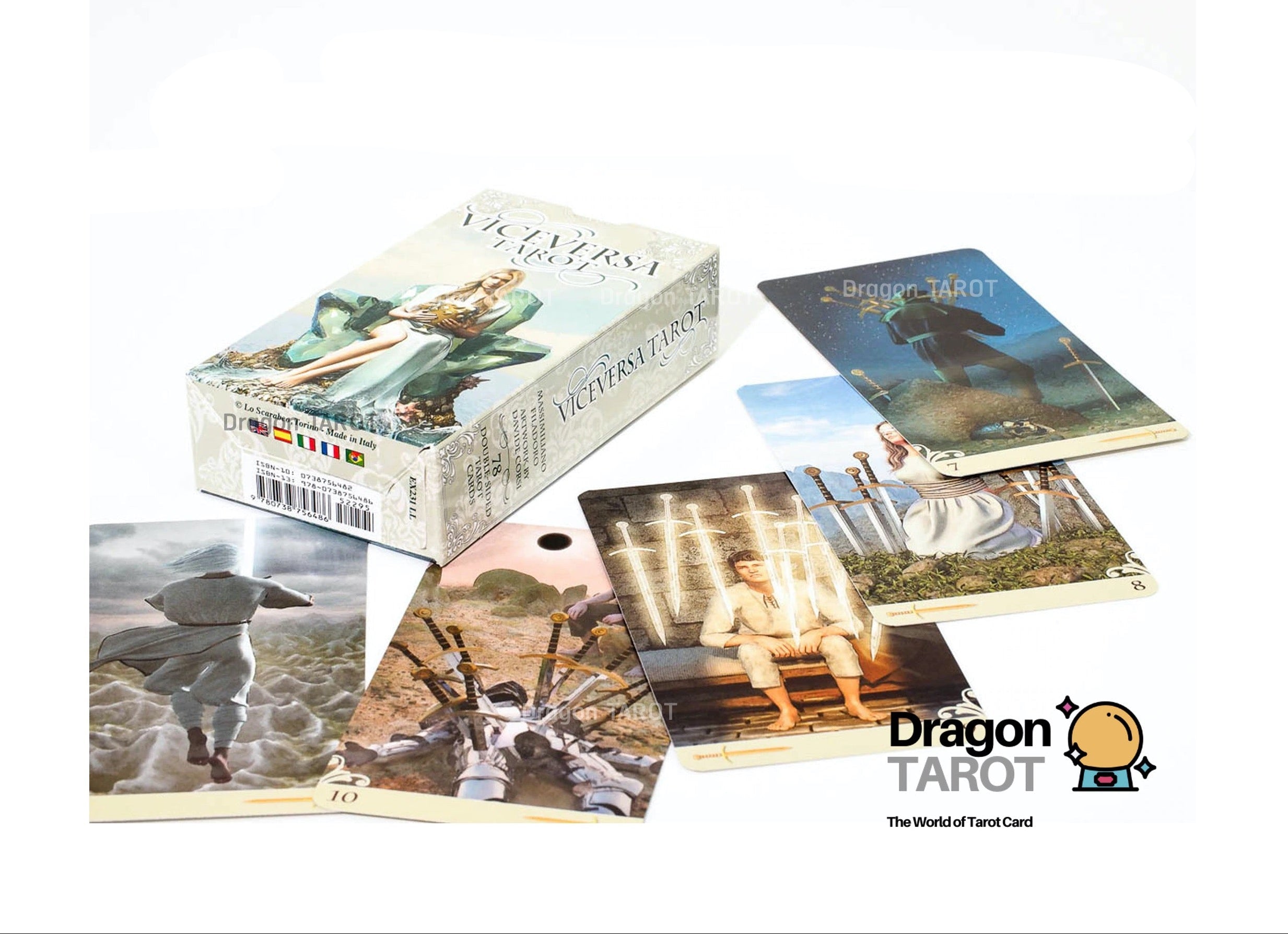 Dragon Tarot card deck box and several illustrated cards arranged on a white background, with Dragon Tarot branding visible.