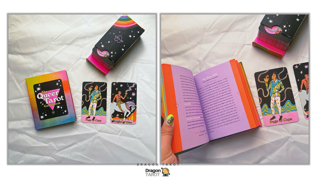 Dragon Tarot deck shown in a two-panel layout on a white fabric background. The left panel shows the colorful box, a black illustrated card with a rainbow, and two tarot cards.