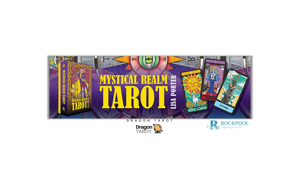 A promotional banner for the 'Mystical Realm Tarot' deck by Lisa Porter, featuring the product box, several illustrated tarot cards, and logos for Dragon Tarot and Rockpool.