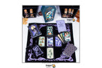 Dragon Tarot deck set displayed on a white surface, featuring a black tarot mat with purple illustrations, multiple illustrated tarot cards, a blue tarot box, and decorative accessories. The Dragon Tarot logo is visible on the box and as a watermark.