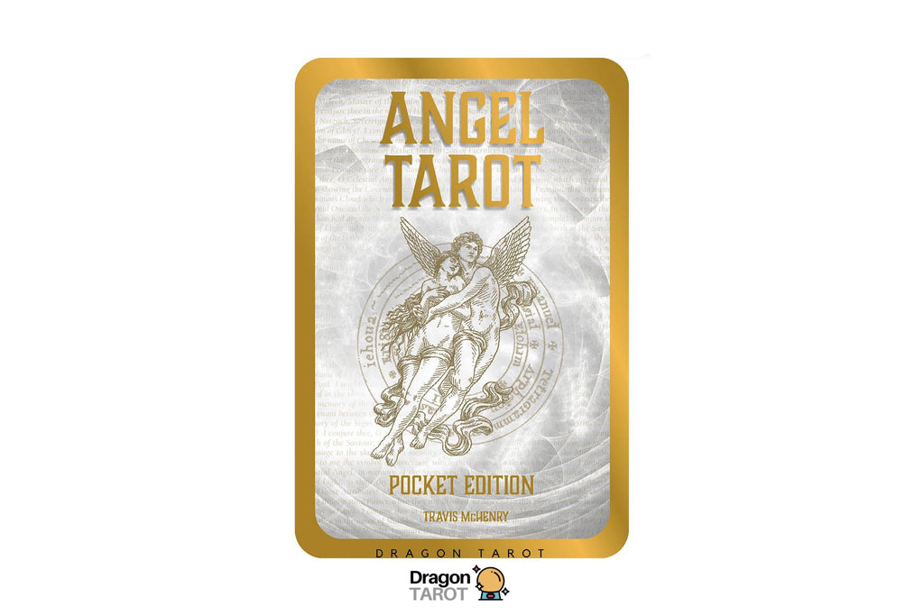 Dragon Tarot Angel Tarot Pocket Edition card deck packaging shown on a white background with Dragon Tarot logos at the top and bottom.