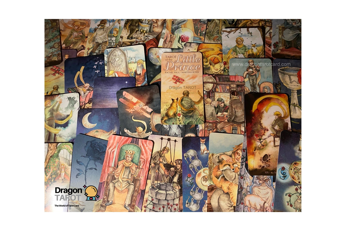 A collage of illustrated tarot cards with fantasy and dragon artwork, arranged overlapping each other. The cards feature many different scenes and characters in varied colors, with a visible Dragon Tarot logo in the lower left corner.