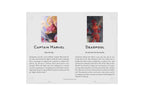 A printed page or booklet spread with two illustrated panels and text titled 'Captain Marvel' and 'Deadpool,' shown on a light gray background.
