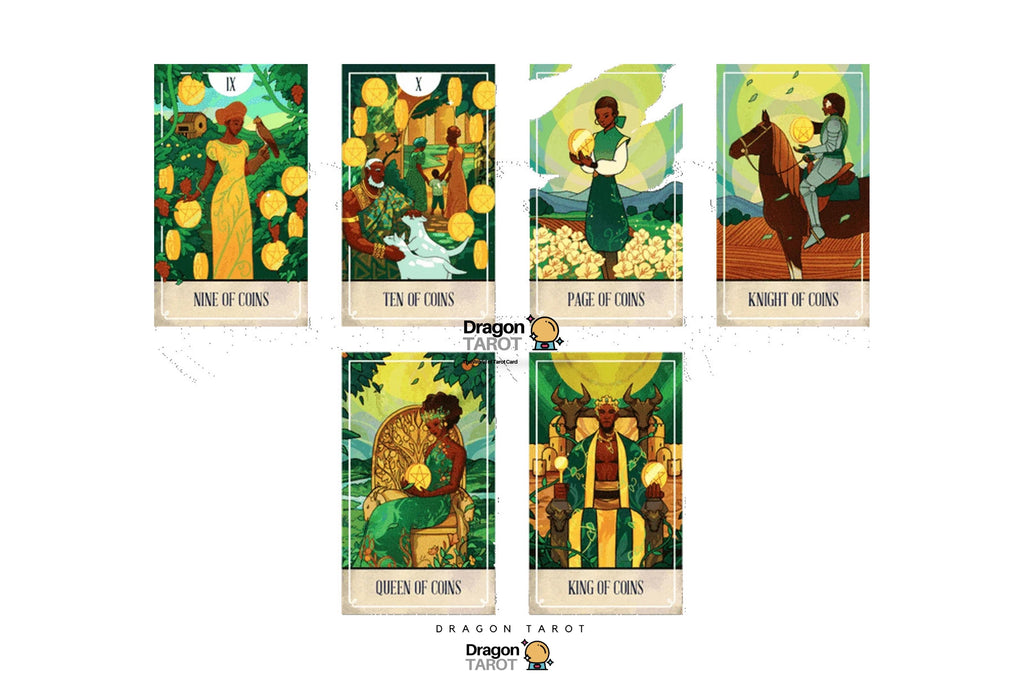 A set of illustrated tarot cards for the Dragon Tarot shown on a white background, with five cards arranged in two rows. The cards feature stylized fantasy artwork in green, gold, and brown tones, with card titles such as Nine of Coins, Ten of Coins, Price of Coins, Knight of Coins, Queen of Coins, and King of Coins.