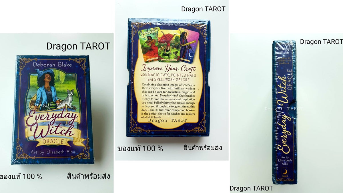 Three views of the Dragon Tarot Everyday Witch Oracle card deck by Dabberth Blake, showing the front cover, back insert, and spine on a plain light background.