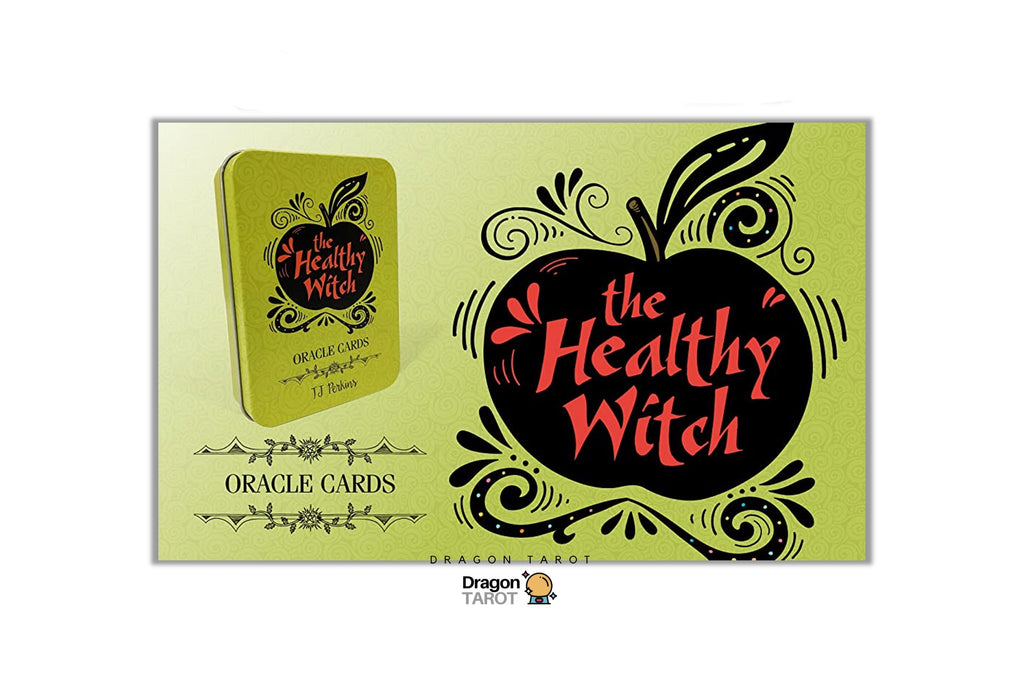 Dragon Tarot Oracle Cards 'The Healthy Witch' deck packaging shown on a white background, featuring a lime green box with a black apple illustration and red lettering.