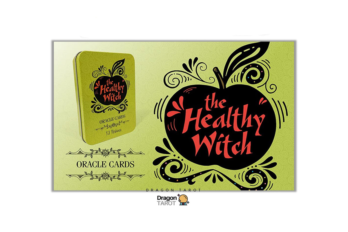 Dragon Tarot Oracle Cards 'The Healthy Witch' deck packaging shown on a white background, featuring a lime green box with a black apple illustration and red lettering.