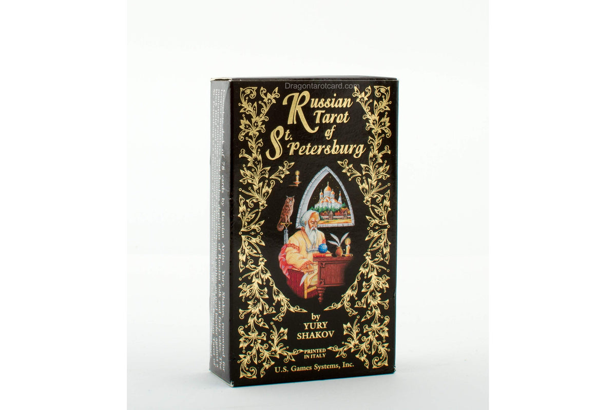 A boxed tarot deck titled "Russian Tarot of St. Petersburg" standing upright on a white background.