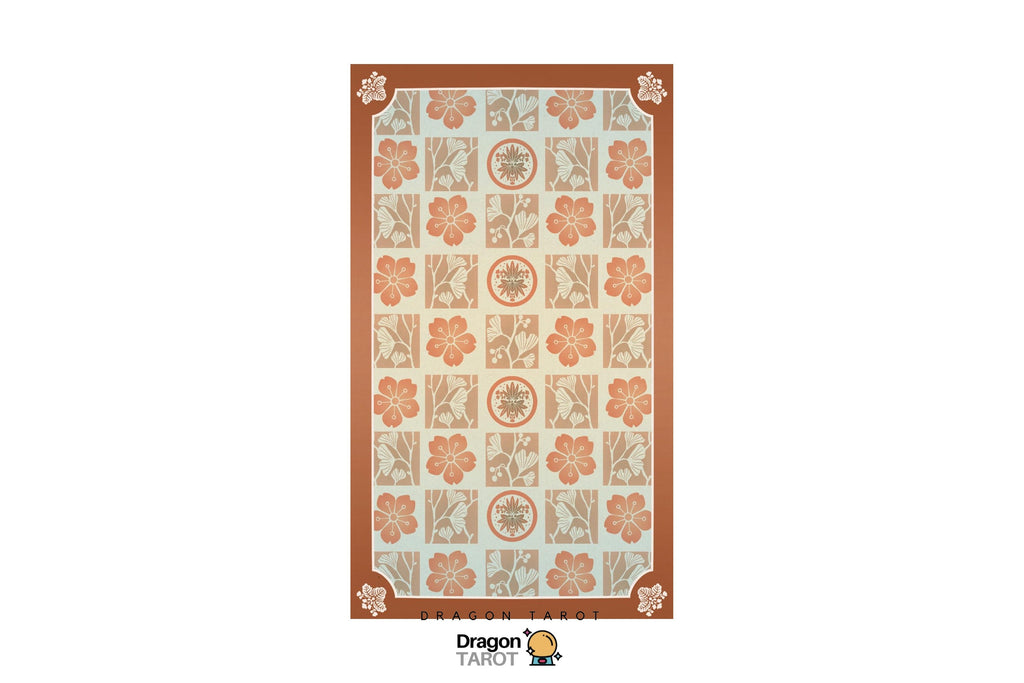 A rectangular Dragon Tarot deck box or card package shown flat against a white background, featuring a cream and peach floral pattern with a brown border and corner motifs. The Dragon Tarot logo is visible at the bottom.