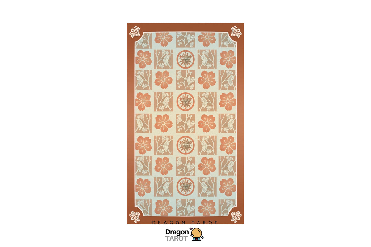 A rectangular Dragon Tarot deck box or card package shown flat against a white background, featuring a cream and peach floral pattern with a brown border and corner motifs. The Dragon Tarot logo is visible at the bottom.