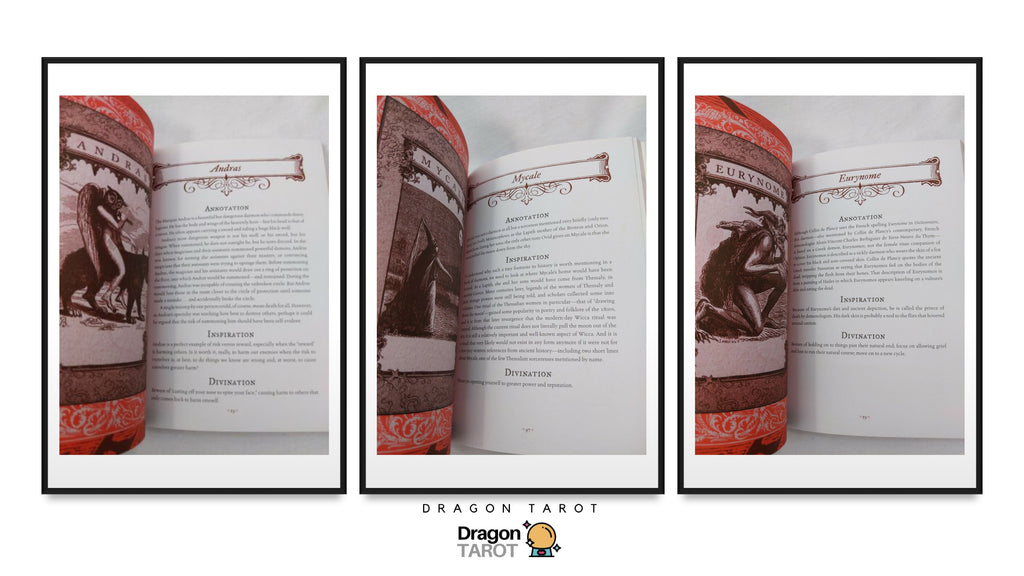Three framed book pages from a Dragon Tarot deck are shown side by side on a white background, with the Dragon Tarot logo at the bottom.