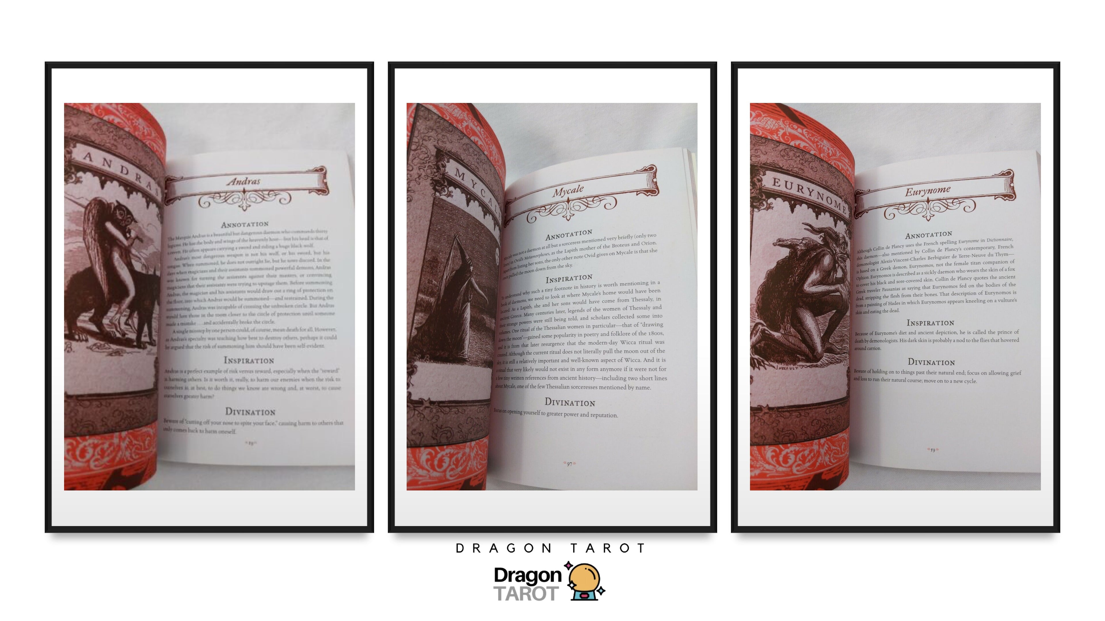 Three framed book pages from a Dragon Tarot deck are shown side by side on a white background, with the Dragon Tarot logo at the bottom.