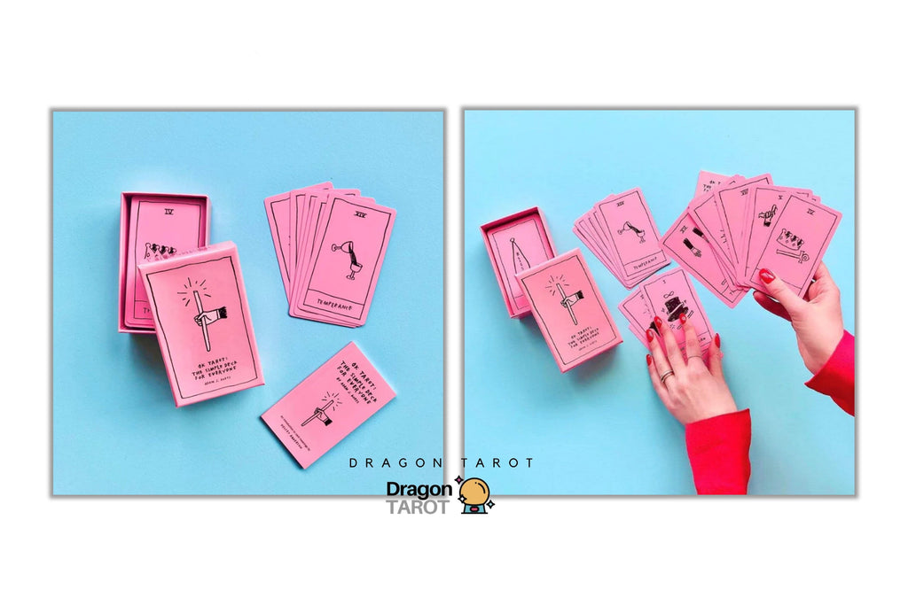 Dragon Tarot card deck packaging and cards shown in a split layout on a light blue background, with a pair of hands holding pink cards on the right. The Dragon Tarot logo is visible at the top and bottom.