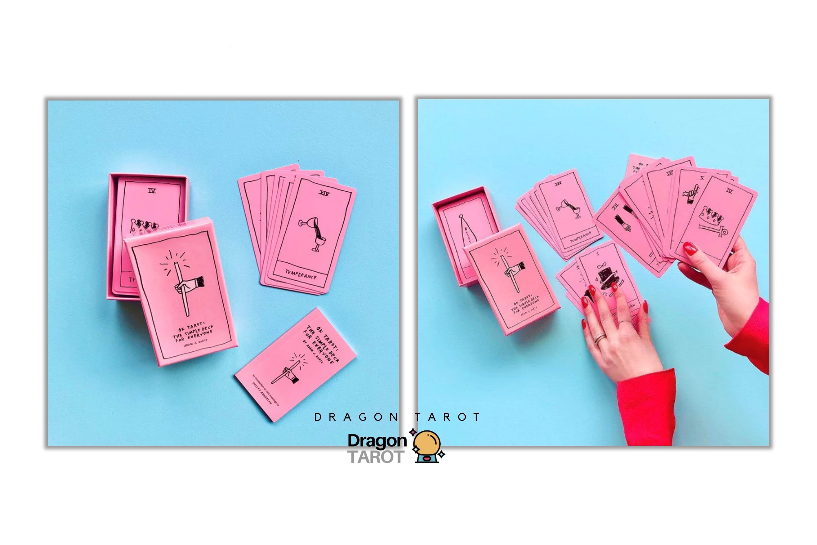 Dragon Tarot card deck packaging and cards shown in a split layout on a light blue background, with a pair of hands holding pink cards on the right. The Dragon Tarot logo is visible at the top and bottom.
