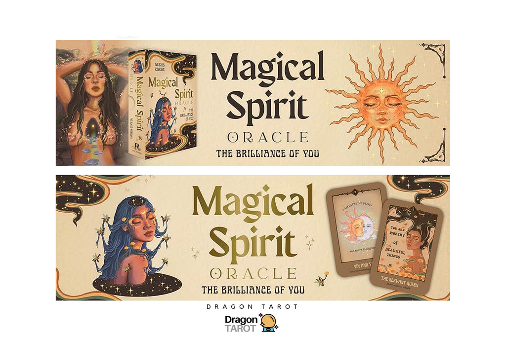 Dragon Tarot 'Magical Spirit Oracle' card deck packaging and contents shown in a two-panel promotional graphic on a white background, with the Dragon Tarot logo and social media icon at the top.