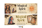 Dragon Tarot 'Magical Spirit Oracle' card deck packaging and contents shown in a two-panel promotional graphic on a white background, with the Dragon Tarot logo and social media icon at the top.