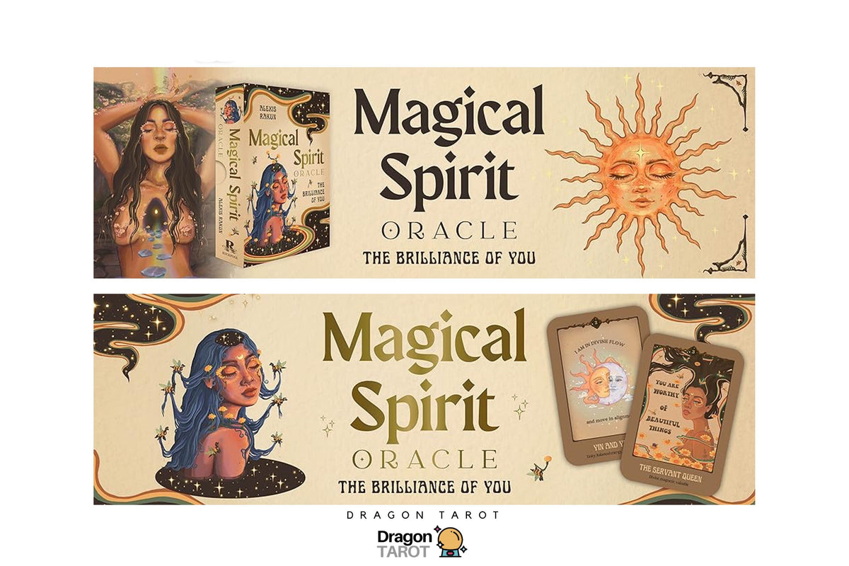 Dragon Tarot 'Magical Spirit Oracle' card deck packaging and contents shown in a two-panel promotional graphic on a white background, with the Dragon Tarot logo and social media icon at the top.