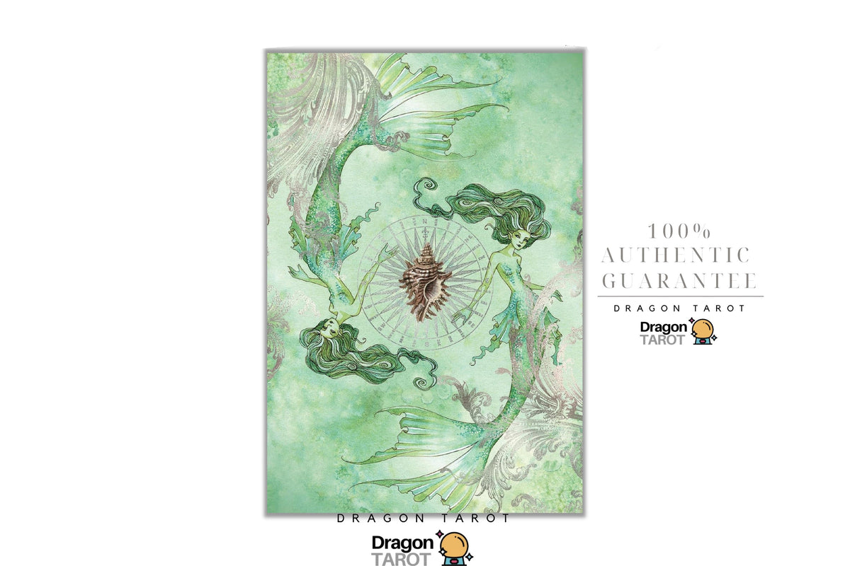 A Dragon Tarot card featuring a green and beige illustration of three mermaids swimming around a central sun motif, presented on a white background with promotional text and brand logos.