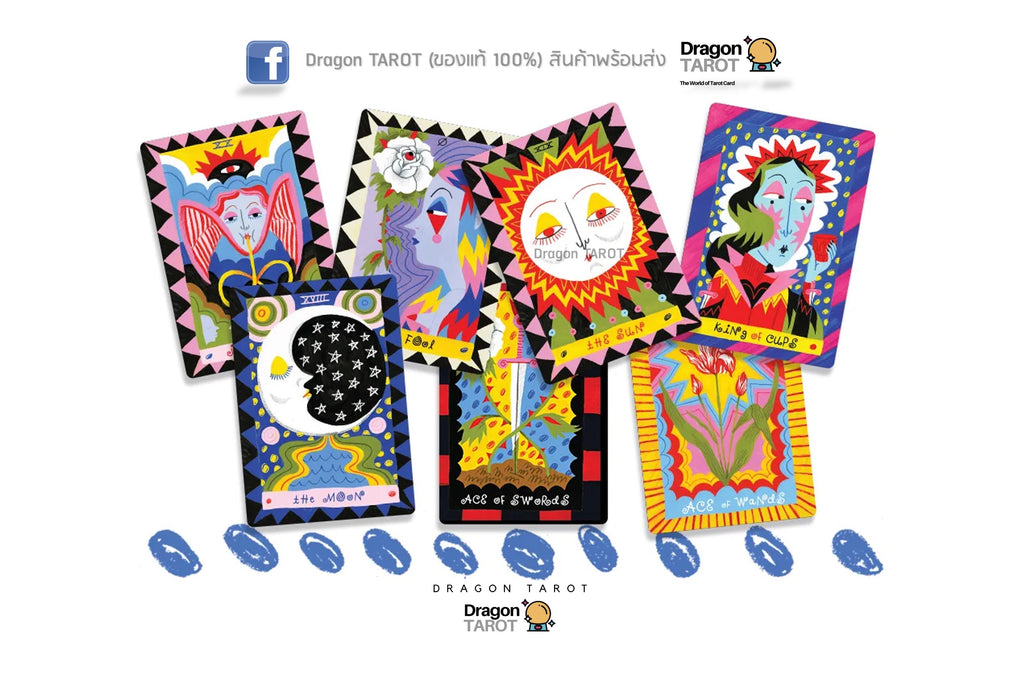 A set of colorful Dragon Tarot cards fanned out on a white background, with blue tarot coin illustrations along the bottom and Dragon Tarot branding at the top and center.