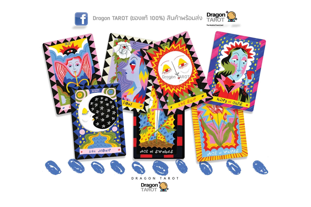 A set of colorful Dragon Tarot cards fanned out on a white background, with blue tarot coin illustrations along the bottom and Dragon Tarot branding at the top and center.
