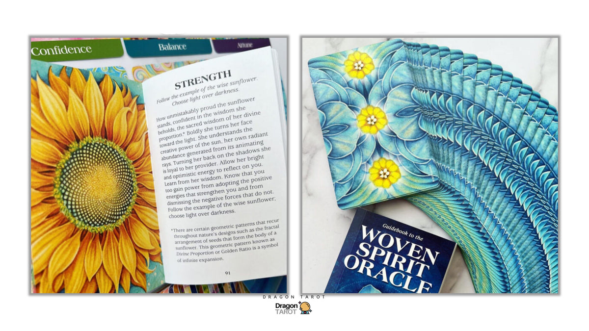 Dragon Tarot Oracle deck packaging and contents shown on a white background, featuring a blue patterned card back, a sunflower illustration, an open card page titled 'STRENGTH,' and the box cover labeled 'Woven Spirit Oracle.'.