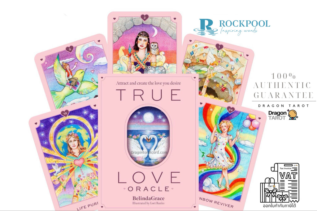 Dragon Tarot Love Oracle deck packaging and several illustrated cards arranged on a white background with promotional text and logos for Dragon Tarot and Rockpool.