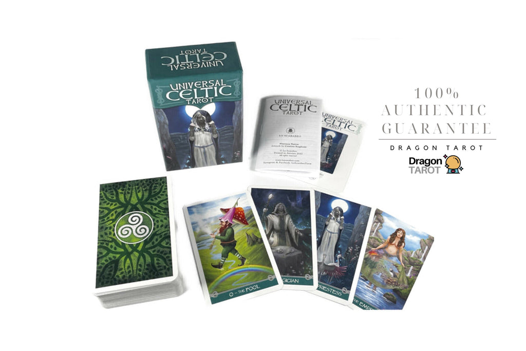 Dragon Tarot Celtic Spread deck with its box, booklet, and several illustrated cards arranged on a white background, with brand text and a Facebook icon visible.