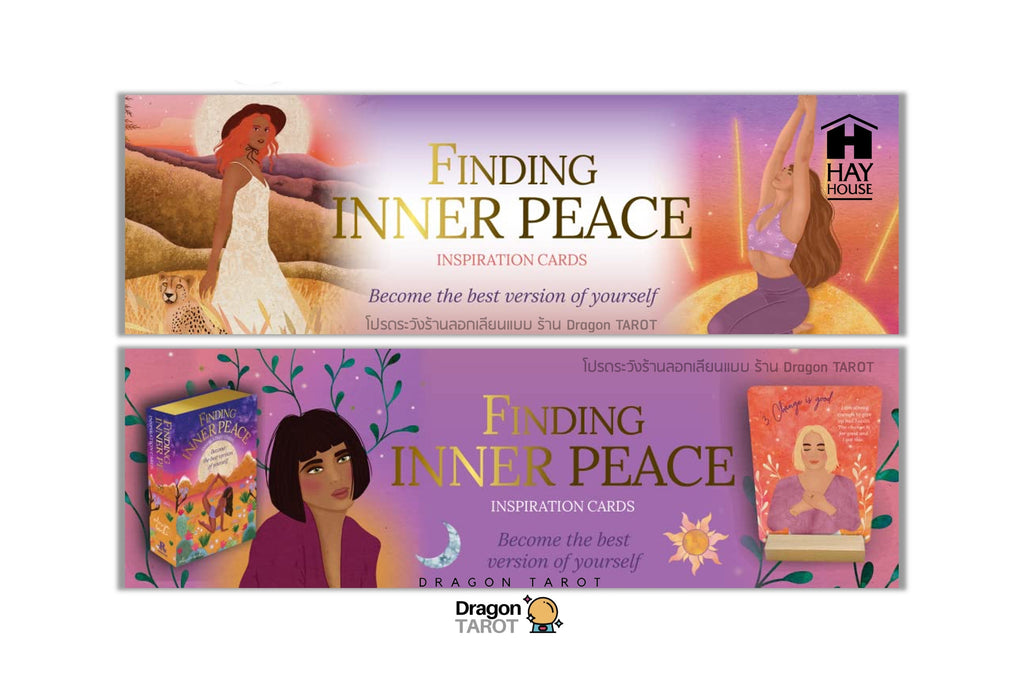 Promotional banner for 'Finding Inner Peace' Dragon Tarot Inspiration Cards, showing illustrated card back designs with a woman in a white dress, a woman in a purple top, and tarot card artwork on a purple and pink gradient background.
