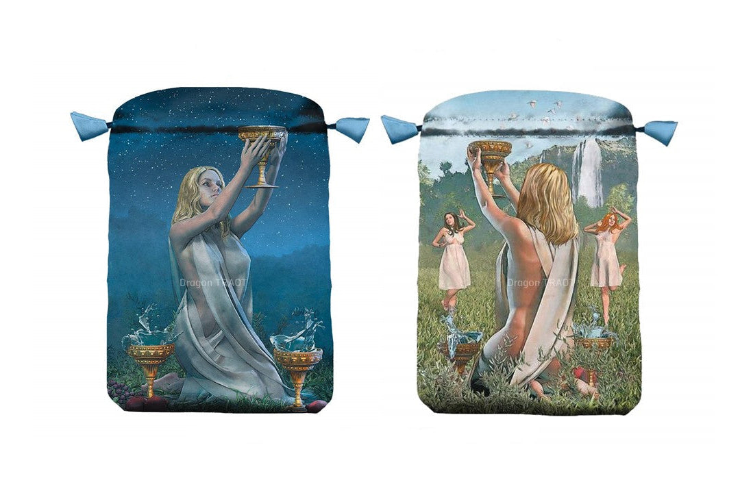 Two Dragon Tarot card sleeves featuring artistic illustrations of a woman holding a chalice, shown side by side on a white background with brand text above and below.