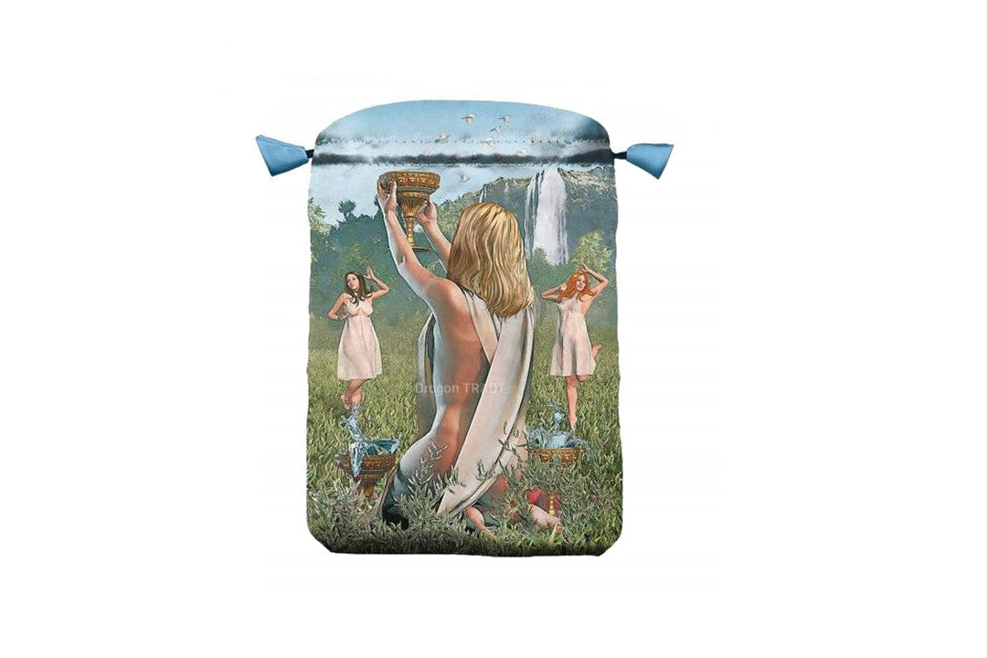 A Dragon Tarot oracle card deck bag featuring a vintage-style illustration of a woman in a field with three figures in dresses, set against a plain white background with brand logos at the top.