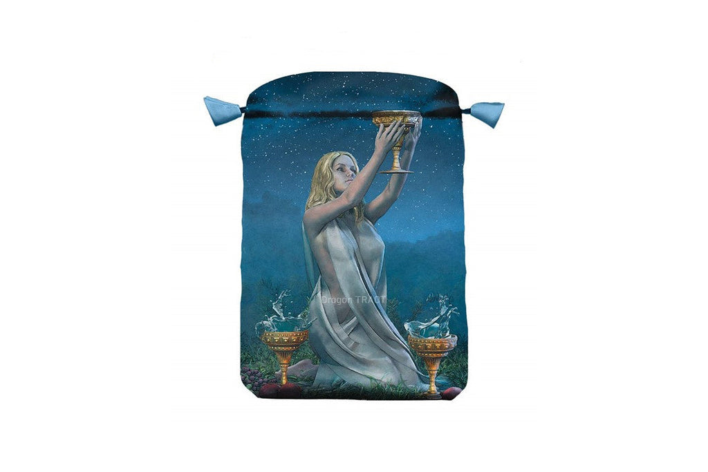 A Dragon Tarot card pouch featuring the 'The Hanged Man' tarot card illustration, with a kneeling woman holding gold chalices against a dark blue night sky. The pouch has a black zipper closure with blue fabric ties on the sides, shown on a plain white background with Dragon Tarot branding at the top.